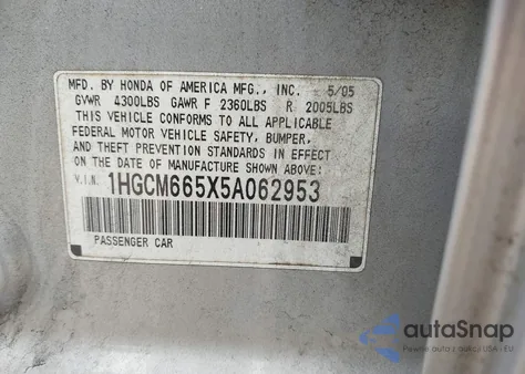 2005 Honda Accord 3.0 Ex from USA, damaged, VIN 1HGCM665X5A062953